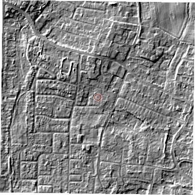 Shaded relief map of the ground around DN74LJ, computed from Environment Agency LiDAR. The ground here sits at about 3 m above sea level and falls 4 m across the surrounding 800 m. The ground contributing surface water to this point lies to the south-east.