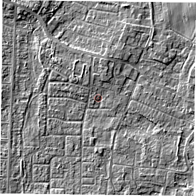 Shaded relief map of the ground around DN74LL, computed from Environment Agency LiDAR. The ground here sits at about 3 m above sea level and falls 3 m across the surrounding 800 m. Surface water reaching this point runs off ground lying to the north-north-west, 1.1 m higher.