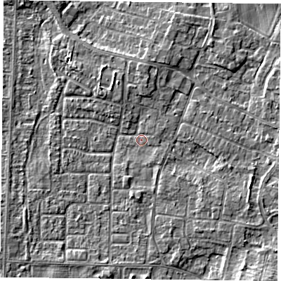 Shaded relief map of the ground around DN74LN, computed from Environment Agency LiDAR. The ground here sits at about 2 m above sea level and falls 4 m across the surrounding 800 m. Surface water reaching this point runs off ground lying to the north-north-west, 1.3 m higher.