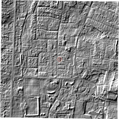 Shaded relief map of the ground around DN74LP, computed from Environment Agency LiDAR. The ground here sits at about 2 m above sea level and falls 4 m across the surrounding 800 m. Surface water reaching this point runs off ground lying to the east, 2.1 m higher.