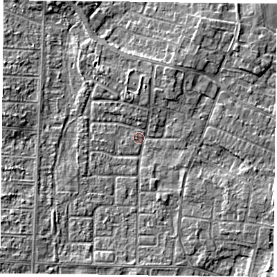 Shaded relief map of the ground around DN74LQ, computed from Environment Agency LiDAR. The ground here sits at about 2 m above sea level and falls 3 m across the surrounding 800 m. Surface water reaching this point runs off ground lying to the east-south-east, 2.5 m higher.