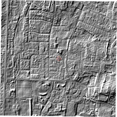 Shaded relief map of the ground around DN74LR, computed from Environment Agency LiDAR. The ground here sits at about 3 m above sea level and falls 4 m across the surrounding 800 m. The ground contributing surface water to this point lies to the north-east.