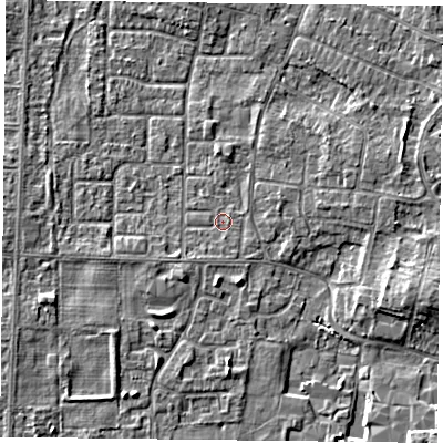 Shaded relief map of the ground around DN74LS, computed from Environment Agency LiDAR. The ground here sits at about 3 m above sea level and falls 4 m across the surrounding 800 m. Surface water reaching this point runs off ground lying to the east-north-east, 2.0 m higher.