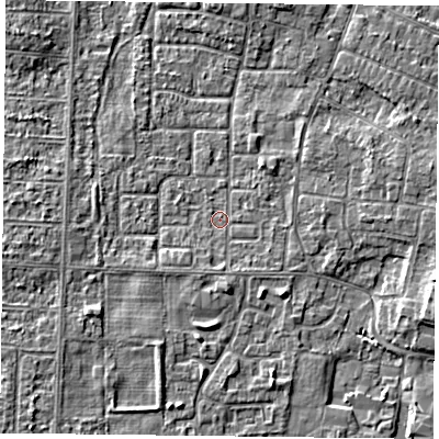 Shaded relief map of the ground around DN74LT, computed from Environment Agency LiDAR. The ground here sits at about 2 m above sea level and falls 3 m across the surrounding 800 m. Surface water reaching this point runs off ground lying to the east-north-east, 1.8 m higher.