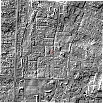 Shaded relief map of the ground around DN74LU, computed from Environment Agency LiDAR. The ground here sits at about 3 m above sea level and falls 4 m across the surrounding 800 m. Surface water reaching this point runs off ground lying to the east-south-east, 1.3 m higher.
