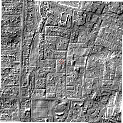 Shaded relief map of the ground around DN74LX, computed from Environment Agency LiDAR. The ground here sits at about 2 m above sea level and falls 4 m across the surrounding 800 m. Surface water reaching this point runs off ground lying to the north-east, 0.6 m higher.
