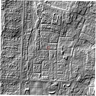 Shaded relief map of the ground around DN74LY, computed from Environment Agency LiDAR. The ground here sits at about 2 m above sea level and falls 4 m across the surrounding 800 m. Surface water reaching this point runs off ground lying to the east-south-east, 2.1 m higher.