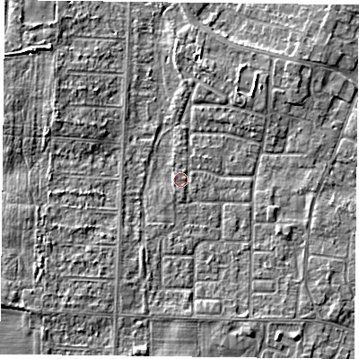 Shaded relief map of the ground around DN74LZ, computed from Environment Agency LiDAR. The ground here sits at about 2 m above sea level and falls 4 m across the surrounding 800 m. Surface water reaching this point runs off ground lying to the south-south-west, 1.9 m higher.