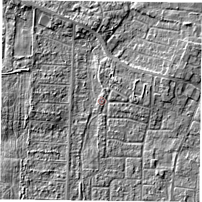 Shaded relief map of the ground around DN74NA, computed from Environment Agency LiDAR. The ground here sits at about 2 m above sea level and falls 5 m across the surrounding 800 m. Surface water reaching this point runs off ground lying to the west-north-west, 4.2 m higher.