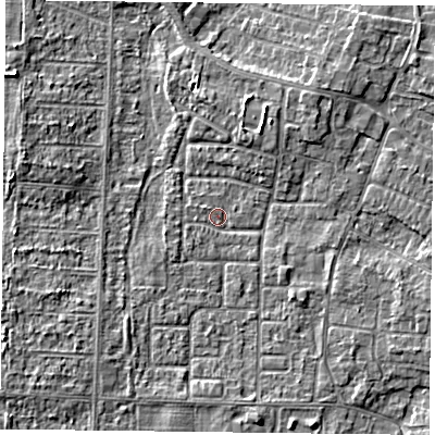 Shaded relief map of the ground around DN74NB, computed from Environment Agency LiDAR. The ground here sits at about 2 m above sea level and falls 4 m across the surrounding 800 m. Surface water reaching this point runs off ground lying to the east-south-east, 2.2 m higher.