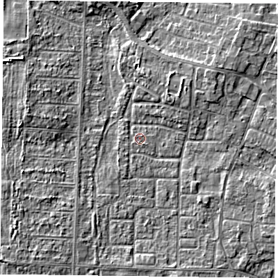 Shaded relief map of the ground around DN74NE, computed from Environment Agency LiDAR. The ground here sits at about 2 m above sea level and falls 4 m across the surrounding 800 m. Surface water reaching this point runs off ground lying to the east-south-east, 2.2 m higher.