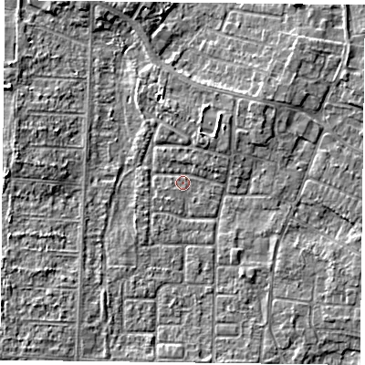 Shaded relief map of the ground around DN74NF, computed from Environment Agency LiDAR. The ground here sits at about 2 m above sea level and falls 4 m across the surrounding 800 m. Surface water reaching this point runs off ground lying to the east-south-east, 2.2 m higher.
