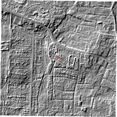 Shaded relief map of the ground around DN74NG, computed from Environment Agency LiDAR. The ground here sits at about 3 m above sea level and falls 5 m across the surrounding 800 m. Surface water reaching this point runs off ground lying to the east-north-east, 1.1 m higher.