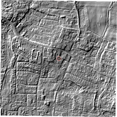 Shaded relief map of the ground around DN74NH, computed from Environment Agency LiDAR. The ground here sits at about 3 m above sea level and falls 4 m across the surrounding 800 m. Surface water reaching this point runs off ground lying to the north-west, 1.4 m higher.