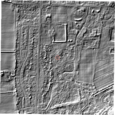 Shaded relief map of the ground around DN74NN, computed from Environment Agency LiDAR. The ground here sits at about 3 m above sea level and falls 8 m across the surrounding 800 m. Surface water reaching this point runs off ground lying to the south-west, 1.1 m higher.