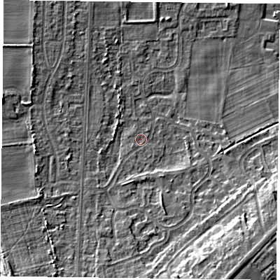 Shaded relief map of the ground around DN74NR, computed from Environment Agency LiDAR. The ground here sits at about 4 m above sea level and falls 11 m across the surrounding 800 m. Surface water reaching this point runs off ground lying to the south, 5.1 m higher.