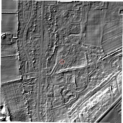 Shaded relief map of the ground around DN74NS, computed from Environment Agency LiDAR. The ground here sits at about 4 m above sea level and falls 11 m across the surrounding 800 m. Surface water reaching this point runs off ground lying to the south-south-east, 8.1 m higher.