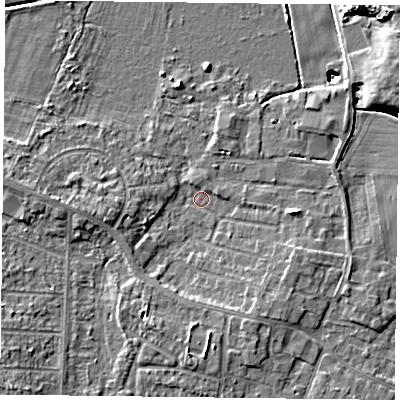 Shaded relief map of the ground around DN74NU, computed from Environment Agency LiDAR. The ground here sits at about 1 m above sea level and falls 12 m across the surrounding 800 m. Surface water reaching this point runs off ground lying to the south, 3.3 m higher.