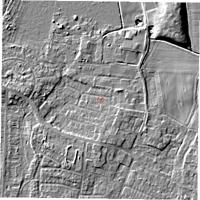 Shaded relief map of the ground around DN74NW, computed from Environment Agency LiDAR. The ground here sits at about 2 m above sea level and falls 11 m across the surrounding 800 m. Surface water reaching this point runs off ground lying to the south-east, 1.6 m higher.
