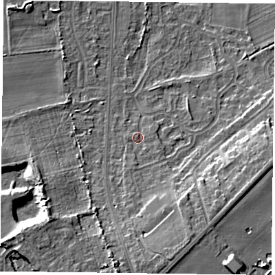 Shaded relief map of the ground around DN74PD, computed from Environment Agency LiDAR. The ground here sits at about 7 m above sea level and falls 14 m across the surrounding 800 m. Surface water reaching this point runs off ground lying to the south, 1.8 m higher.