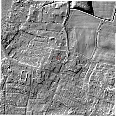 Shaded relief map of the ground around DN74QL, computed from Environment Agency LiDAR. The ground here sits at about 3 m above sea level and falls 8 m across the surrounding 800 m. Surface water reaching this point runs off ground lying to the north-north-west, 0.9 m higher.