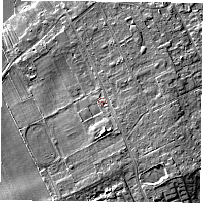Shaded relief map of the ground around DN75AA, computed from Environment Agency LiDAR. The ground here sits at about 7 m above sea level and falls 7 m across the surrounding 800 m. Surface water reaching this point runs off ground lying to the south-east, 1.5 m higher.