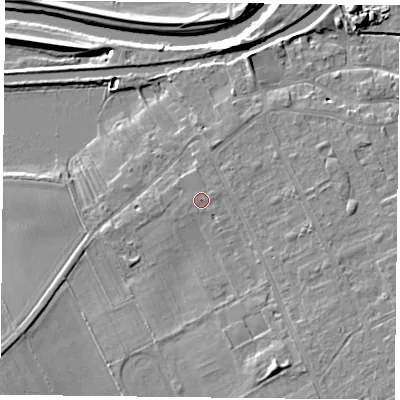 Shaded relief map of the ground around DN75AB, computed from Environment Agency LiDAR. The ground here sits at about 6 m above sea level and falls 8 m across the surrounding 800 m. Surface water reaching this point runs off ground lying to the north-east, 0.6 m higher.