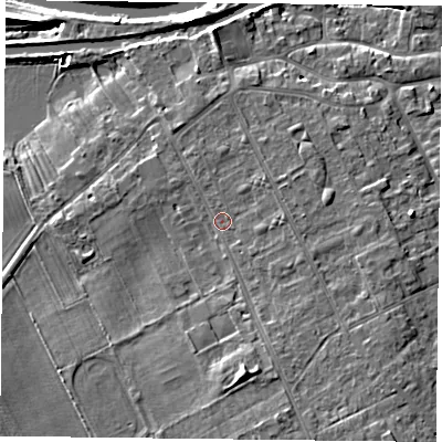 Shaded relief map of the ground around DN75AE, computed from Environment Agency LiDAR. The ground here sits at about 6 m above sea level and falls 8 m across the surrounding 800 m. Surface water reaching this point runs off ground lying to the east, 1.6 m higher.