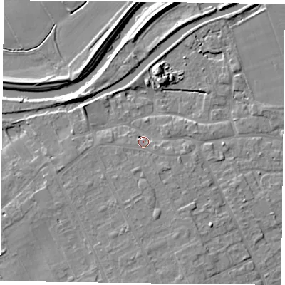 Shaded relief map of the ground around DN75AF, computed from Environment Agency LiDAR. The ground here sits at about 6 m above sea level and falls 7 m across the surrounding 800 m. Surface water reaching this point runs off ground lying to the south, 2.9 m higher.