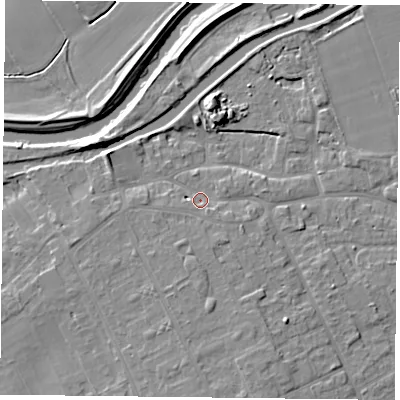 Shaded relief map of the ground around DN75AH, computed from Environment Agency LiDAR. The ground here sits at about 5 m above sea level and falls 7 m across the surrounding 800 m. Surface water reaching this point runs off ground lying to the south, 2.9 m higher.