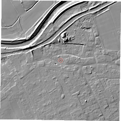 Shaded relief map of the ground around DN75AJ, computed from Environment Agency LiDAR. The ground here sits at about 5 m above sea level and falls 7 m across the surrounding 800 m. Surface water reaching this point runs off ground lying to the south, 2.9 m higher.