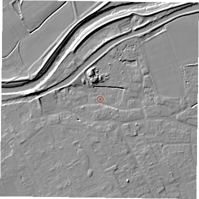 Shaded relief map of the ground around DN75AL, computed from Environment Agency LiDAR. The ground here sits at about 4 m above sea level and falls 7 m across the surrounding 800 m. Surface water reaching this point runs off ground lying to the west, 5.7 m higher.