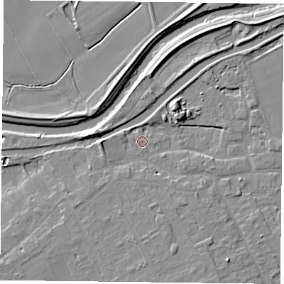 Shaded relief map of the ground around DN75AN, computed from Environment Agency LiDAR. The ground here sits at about 5 m above sea level and falls 7 m across the surrounding 800 m. Surface water reaching this point runs off ground lying to the west, 5.7 m higher.