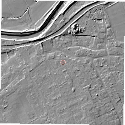 Shaded relief map of the ground around DN75AQ, computed from Environment Agency LiDAR. The ground here sits at about 6 m above sea level and falls 7 m across the surrounding 800 m. Surface water reaching this point runs off ground lying to the south, 1.7 m higher.