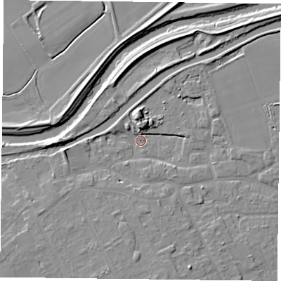 Shaded relief map of the ground around DN75AS, computed from Environment Agency LiDAR. The ground here sits at about 4 m above sea level and falls 8 m across the surrounding 800 m. Surface water reaching this point runs off ground lying to the north, 6.6 m higher.