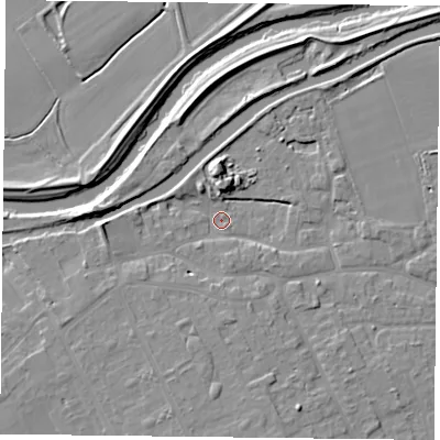 Shaded relief map of the ground around DN75AT, computed from Environment Agency LiDAR. The ground here sits at about 4 m above sea level and falls 7 m across the surrounding 800 m. Surface water reaching this point runs off ground lying to the west, 5.7 m higher.