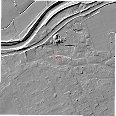 Shaded relief map of the ground around DN75AU, computed from Environment Agency LiDAR. The ground here sits at about 5 m above sea level and falls 7 m across the surrounding 800 m. Surface water reaching this point runs off ground lying to the south-east, 2.7 m higher.