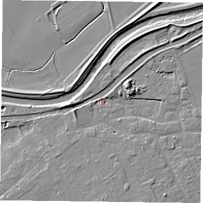 Shaded relief map of the ground around DN75AW, computed from Environment Agency LiDAR. The ground here sits at about 5 m above sea level and falls 8 m across the surrounding 800 m. Surface water reaching this point runs off ground lying to the west-south-west, 5.7 m higher.