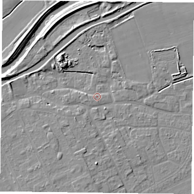 Shaded relief map of the ground around DN75AX, computed from Environment Agency LiDAR. The ground here sits at about 5 m above sea level and falls 7 m across the surrounding 800 m. Surface water reaching this point runs off ground lying to the south-west, 3.2 m higher.
