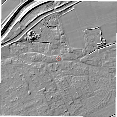 Shaded relief map of the ground around DN75AY, computed from Environment Agency LiDAR. The ground here sits at about 5 m above sea level and falls 7 m across the surrounding 800 m. Surface water reaching this point runs off ground lying to the north-west, 6.6 m higher.