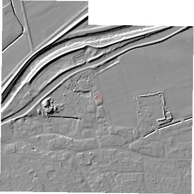 Shaded relief map of the ground around DN75AZ, computed from Environment Agency LiDAR. The ground here sits at about 5 m above sea level and falls 8 m across the surrounding 800 m. Surface water reaching this point runs off ground lying to the south, 1.1 m higher.