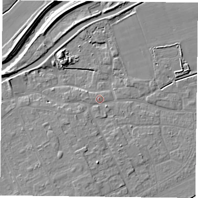 Shaded relief map of the ground around DN75BB, computed from Environment Agency LiDAR. The ground here sits at about 5 m above sea level and falls 7 m across the surrounding 800 m. Surface water reaching this point runs off ground lying to the south-west, 2.6 m higher.