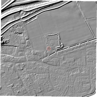 Shaded relief map of the ground around DN75BE, computed from Environment Agency LiDAR. The ground here sits at about 4 m above sea level and falls 9 m across the surrounding 800 m. Surface water reaching this point runs off ground lying to the west-south-west, 1.7 m higher.