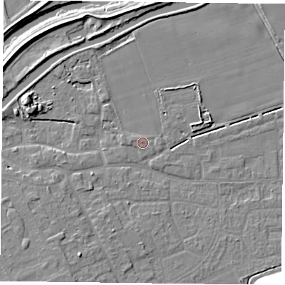 Shaded relief map of the ground around DN75BF, computed from Environment Agency LiDAR. The ground here sits at about 5 m above sea level and falls 15 m across the surrounding 800 m. Surface water reaching this point runs off ground lying to the west-north-west, 1.0 m higher.