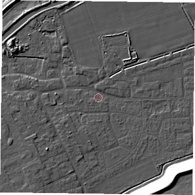 Shaded relief map of the ground around DN75BG, computed from Environment Agency LiDAR. The ground here sits at about 4 m above sea level and falls 17 m across the surrounding 800 m. Surface water reaching this point runs off ground lying to the north-north-west, 1.8 m higher.