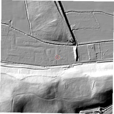 Shaded relief map of the ground around DN75BH, computed from Environment Agency LiDAR. The ground here sits at about 3 m above sea level and falls 39 m across the surrounding 800 m. Surface water reaching this point runs off ground lying to the west, 1.1 m higher.