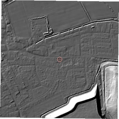 Shaded relief map of the ground around DN75BJ, computed from Environment Agency LiDAR. The ground here sits at about 4 m above sea level and falls 26 m across the surrounding 800 m. Surface water reaching this point runs off ground lying to the west-south-west, 2.5 m higher.