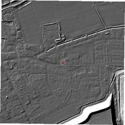 Shaded relief map of the ground around DN75BL, computed from Environment Agency LiDAR. The ground here sits at about 4 m above sea level and falls 18 m across the surrounding 800 m. Surface water reaching this point runs off ground lying to the west-north-west, 1.8 m higher.