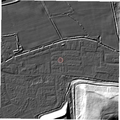 Shaded relief map of the ground around DN75BN, computed from Environment Agency LiDAR. The ground here sits at about 4 m above sea level and falls 39 m across the surrounding 800 m. Surface water reaching this point runs off ground lying to the south-south-east, 0.6 m higher.