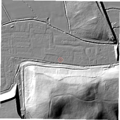 Shaded relief map of the ground around DN75BP, computed from Environment Agency LiDAR. The ground here sits at about 4 m above sea level and falls 39 m across the surrounding 800 m. Surface water reaching this point runs off ground lying to the west-south-west, 5.9 m higher.
